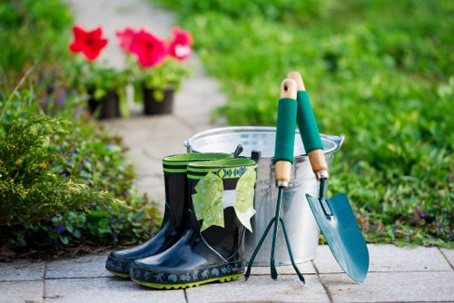 Various decking materials and designs in a landscaped outdoor space