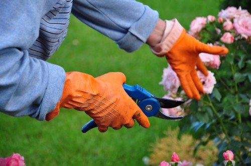 Trainer demonstrating safe equipment use to landscaping staff
