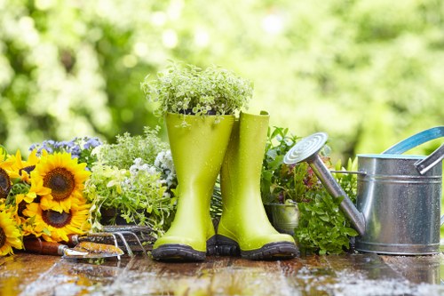 Skilled gardeners working on a lush landscape
